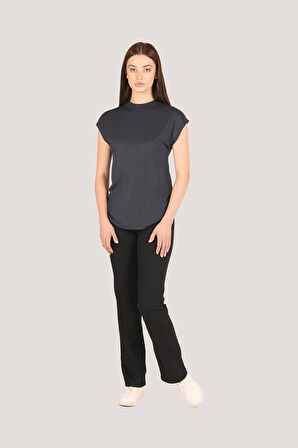 P-004932 - Kadın Kısa Kollu Yüksek Yaka Örme T-Shirt - LACİVERT