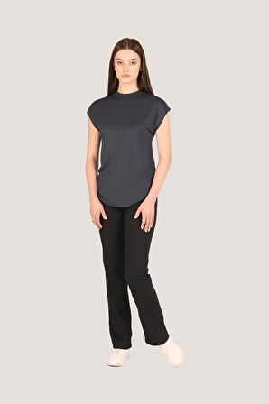 P-004932 - Kadın Kısa Kollu Yüksek Yaka Örme T-Shirt - LACİVERT