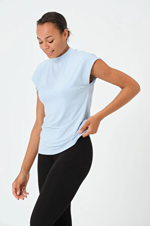 P-004932 - Kadın Kısa Kollu Yüksek Yaka Örme T-Shirt - AÇIK MAVİ