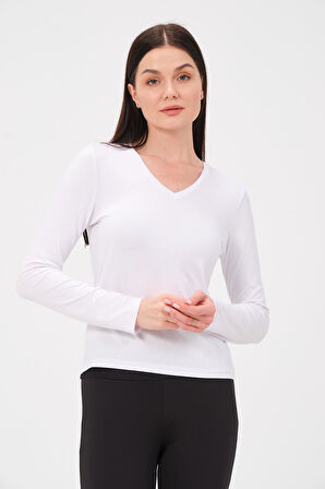 P-009963 - Kadın V Yaka Basic Uzun Kollu Likralı Süprem T-shirt - BEYAZ
