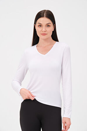 P-009963 - Kadın V Yaka Basic Uzun Kollu Likralı Süprem T-shirt - BEYAZ