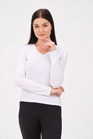 P-009963 - Kadın V Yaka Basic Uzun Kollu Likralı Süprem T-shirt - BEYAZ