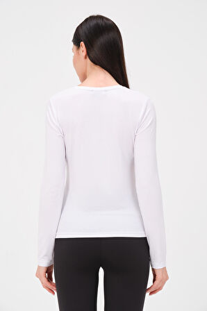 P-009963 - Kadın V Yaka Basic Uzun Kollu Likralı Süprem T-shirt - BEYAZ