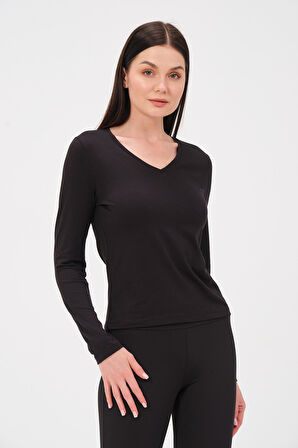 P-009963 - Kadın V Yaka Basic Uzun Kollu Likralı Süprem T-shirt - SİYAH
