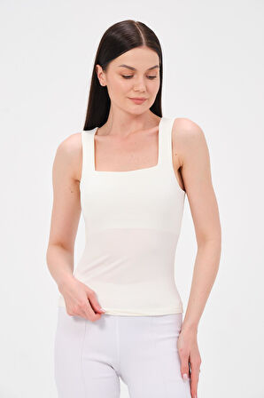 P-009966 - Kadın Kare Yaka Askılıı T-shirt - BEYAZ