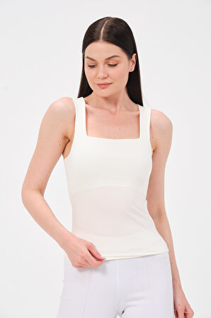 P-009966 - Kadın Kare Yaka Askılıı T-shirt - BEYAZ