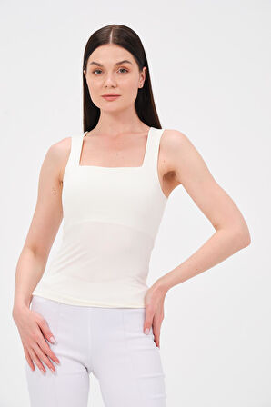 P-009966 - Kadın Kare Yaka Askılıı T-shirt - BEYAZ