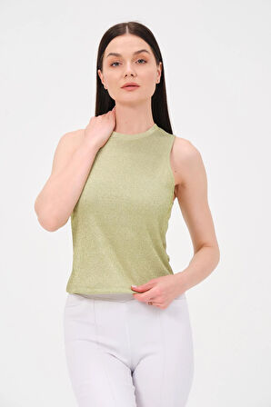 P-009969 - Kadın Bisiklet Yaka Simli Top T-shirt - YEŞİL