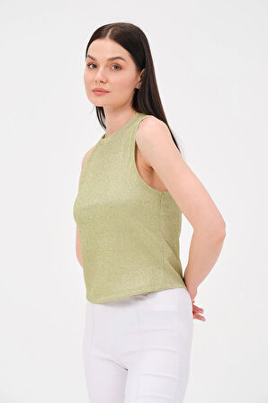P-009969 - Kadın Bisiklet Yaka Simli Top T-shirt - YEŞİL