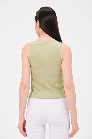P-009969 - Kadın Bisiklet Yaka Simli Top T-shirt - YEŞİL