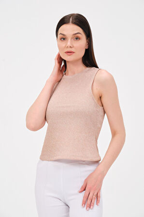 P-009969 - Kadın Bisiklet Yaka Simli Top T-shirt - AÇIK PEMBE