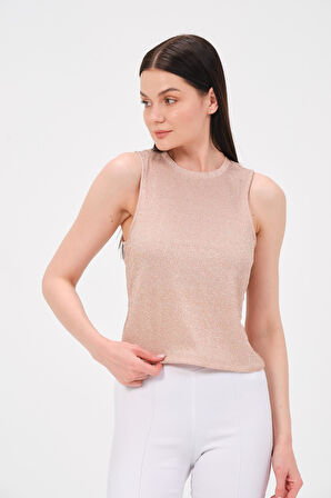 P-009969 - Kadın Bisiklet Yaka Simli Top T-shirt - AÇIK PEMBE