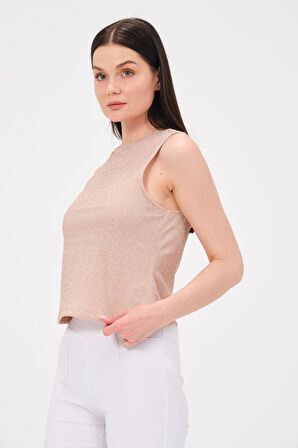 P-009969 - Kadın Bisiklet Yaka Simli Top T-shirt - AÇIK PEMBE