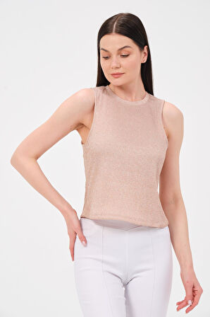 P-009969 - Kadın Bisiklet Yaka Simli Top T-shirt - AÇIK PEMBE