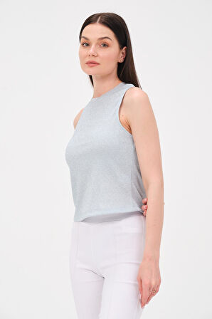 P-009969 - Kadın Bisiklet Yaka Simli Top T-shirt - MAVİ