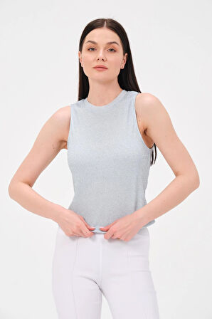 P-009969 - Kadın Bisiklet Yaka Simli Top T-shirt - MAVİ