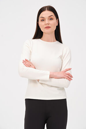 P-009970 - Kadın Bisiklet Yaka Basic Uzun Kol T-shirt - BEYAZ