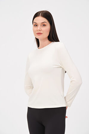 P-009970 - Kadın Bisiklet Yaka Basic Uzun Kol T-shirt - BEYAZ