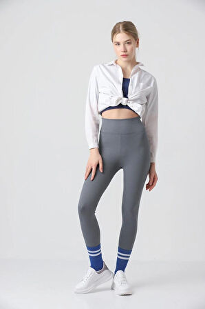 Kışlık Polarlı Fitilli Kadın Yüksek Bel Dikişsiz Tayt Gri S