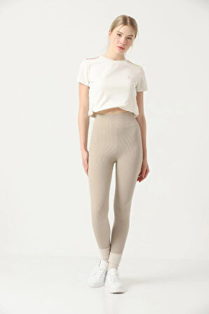 Kışlık Polarlı Fitilli Kadın Yüksek Bel Dikişsiz Tayt Bej L