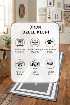 Yıkanabilir Kaymaz Black Punto Gri Beyaz Dijital Baskılı Yolluk Halı Tüy Tutmaz Beyaz Gri