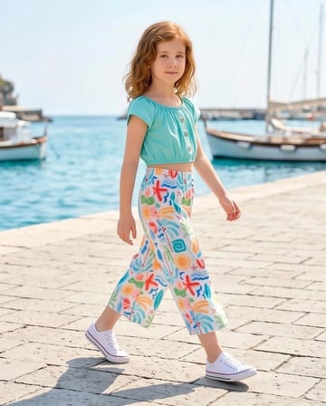 Kız Çocuk Turkuaz Crop Bluz & Desenli Pantolon Takımı