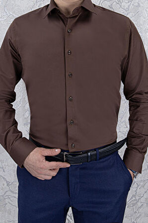 ERKEK SLİM FİT UZUN KOL KAHVERENGİ 6 DROP GÖMLEK