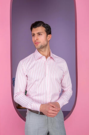 ERKEK SLİM FİT UZUN KOL ARKASI PENSLİ 6 DROP BEYAZ PEMBE ÇİZGİLİ GÖMLEK