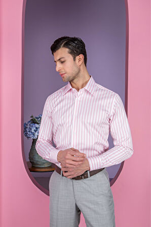 ERKEK SLİM FİT UZUN KOL ARKASI PENSLİ 6 DROP BEYAZ PEMBE ÇİZGİLİ GÖMLEK