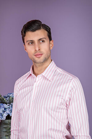 ERKEK SLİM FİT UZUN KOL ARKASI PENSLİ 6 DROP BEYAZ PEMBE ÇİZGİLİ GÖMLEK