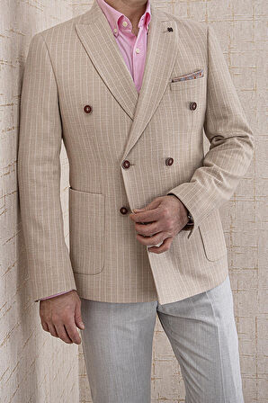 ERKEK SLİM FİT SİVRİ YAKA TORBA CEP BEJ ÇİZGİLİ KRUVAZE CEKET