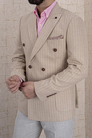 ERKEK SLİM FİT SİVRİ YAKA TORBA CEP BEJ ÇİZGİLİ KRUVAZE CEKET