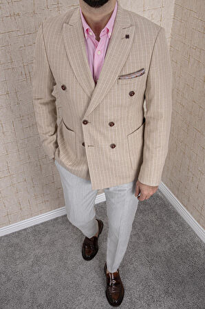 ERKEK SLİM FİT SİVRİ YAKA TORBA CEP BEJ ÇİZGİLİ KRUVAZE CEKET