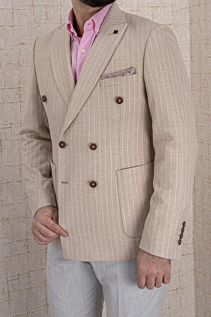 ERKEK SLİM FİT SİVRİ YAKA TORBA CEP BEJ ÇİZGİLİ KRUVAZE CEKET