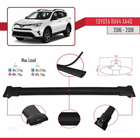 Toyota RAV4 IV (XA40) Post-Facelift 2016-2018 Arası ile Uyumlu FLY Model Ara Atkı Tavan Barı Siyah 3 Adet