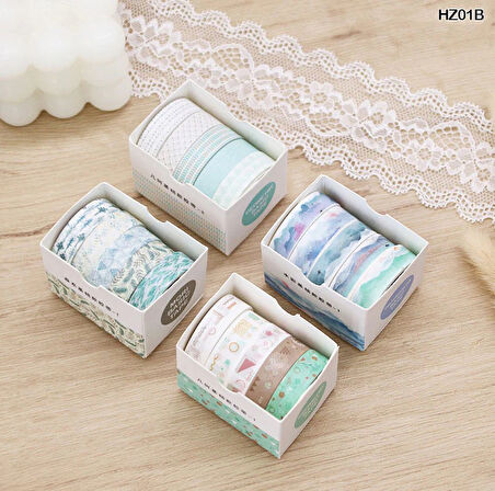 Vintage Washi Tape Bant Baskılı Yapışkanlı Maskeleme Kağıdı Sevimli Desenli bant 5 li - Geometri