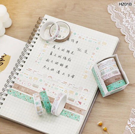 Vintage Washi Tape Bant Baskılı Yapışkanlı Maskeleme Kağıdı Sevimli Desenli bant 5 li - Geometri