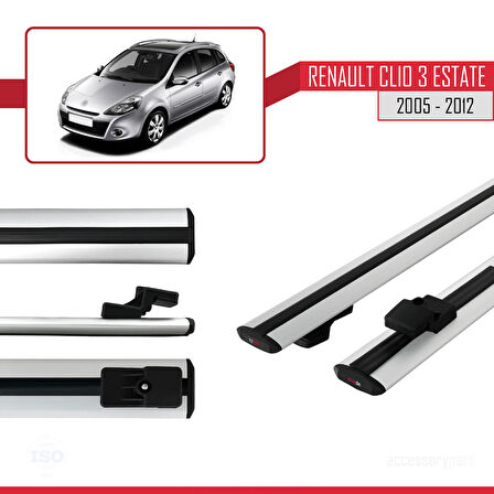 Renault Clio 3 Estate 2005-2012 Arası ile Uyumlu BASIC Model Ara Atkı Tavan Barı Gri 2 Adet