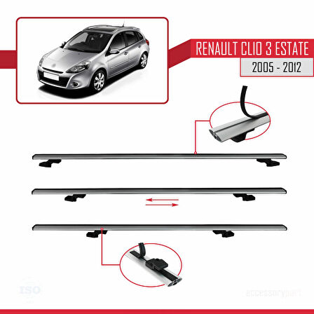 Renault Clio 3 Estate 2005-2012 Arası ile Uyumlu BASIC Model Ara Atkı Tavan Barı Gri 2 Adet