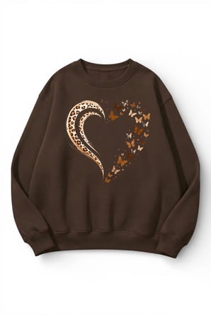 Unisex Yumuşak Dokulu Leopar ve Kelebek Kalp Baskılı Tasarım Oversize 3 İplik Bisiklet Yaka Sweatshi