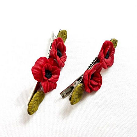 Uretti - Hülya 6683 El Yapımı Gelincik Çiçek Desenli Polimer Kil 2’li Set Yan Saç Tokası / 7.5 cm