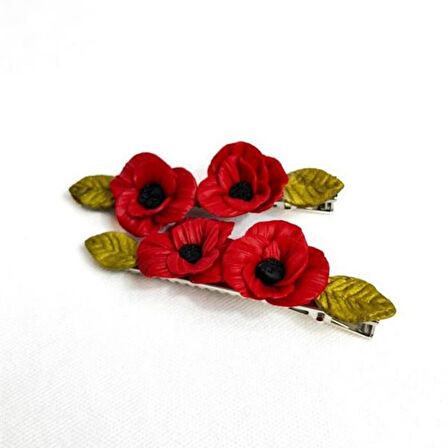 Uretti - Hülya 6683 El Yapımı Gelincik Çiçek Desenli Polimer Kil 2’li Set Yan Saç Tokası / 7.5 cm