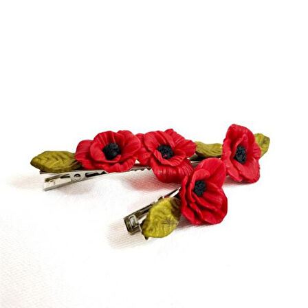 Uretti - Hülya 6683 El Yapımı Gelincik Çiçek Desenli Polimer Kil 2’li Set Yan Saç Tokası / 7.5 cm