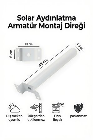 Solar Aydınlatma Armatür Montaj Direği 46 cm Fırın Boyalı Paslanmaz Dış Mekan Bahçe Duvar Direği