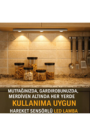 Sensörlü Şarjlı Dekoratif Gece Lambası Mutfak Mıknatıslı 3 Farklı Işık Renk 40cm ŞERİT LED