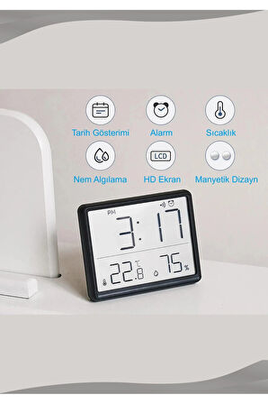 Dijital Oda Termometre Sıcaklık Ve Nem Ölçer Masa Saati Alarm LCD Ekran Duvara Takılır SİYAH