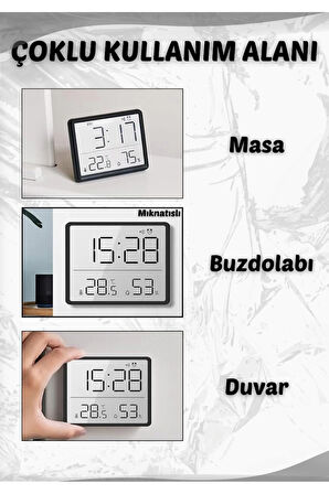 Dijital Oda Termometre Sıcaklık Ve Nem Ölçer Masa Saati Alarm LCD Ekran Duvara Takılır SİYAH