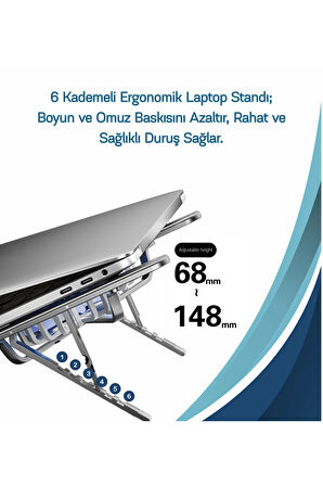Alüminyum Katlanır Fanlı 6 Kademeli Laptop Macbook Uyumlu Notebook Yükseltici Tutucu Stand