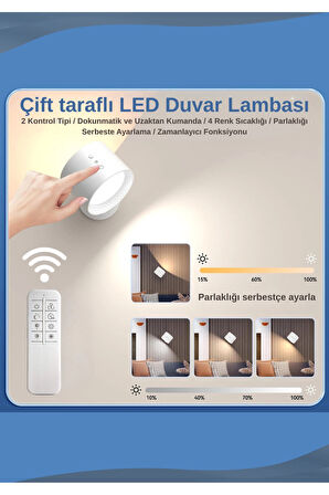 Mıknatıslı Uzaktan Kumandalı Çift Taraflı Duvar Aplik LED Aydınlatma 3 Renk USB Şarjlı
