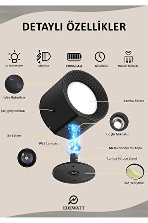 Mıknatıslı Uzaktan Kumandalı Çift Taraflı Duvar Aplik LED Aydınlatma 3 Renk USB Şarjlı